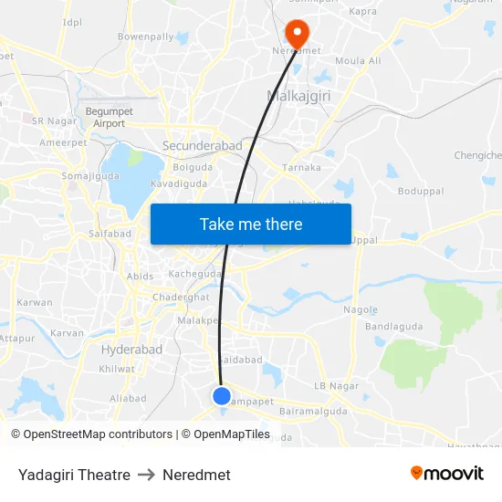 Yadagiri Theatre to Neredmet map