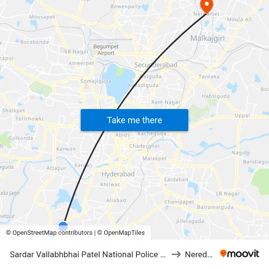 Sardar Vallabhbhai Patel National Police Academy to Neredmet map