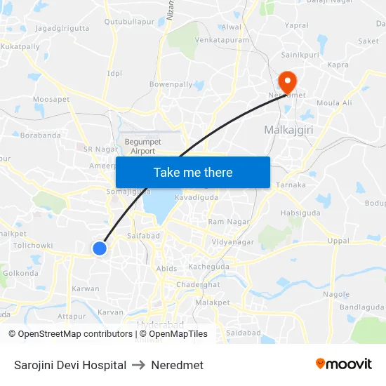 Sarojini Devi Hospital to Neredmet map
