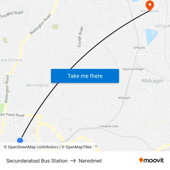 Secunderabad Bus Station to Neredmet map
