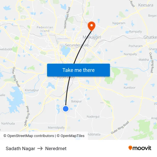Sadath Nagar to Neredmet map