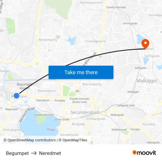 Begumpet to Neredmet map