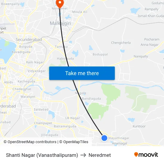 Shanti Nagar (Vanasthalipuram) to Neredmet map