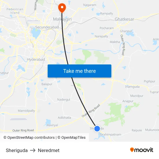 Sheriguda to Neredmet map