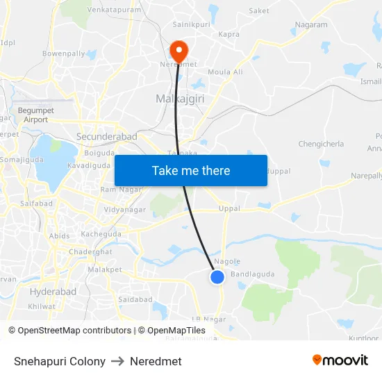 Snehapuri Colony to Neredmet map