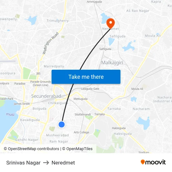 Srinivas Nagar to Neredmet map