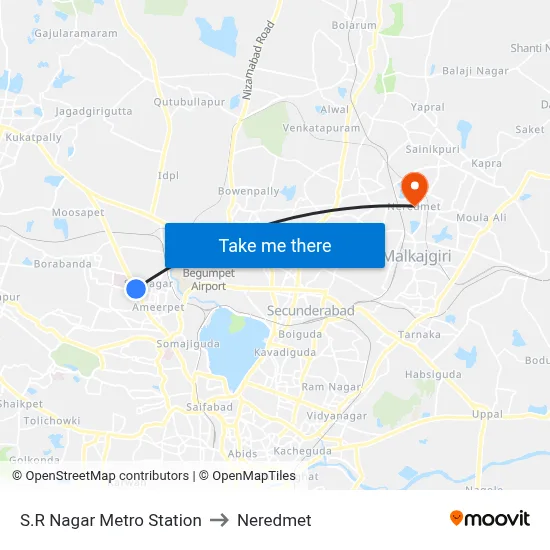 S.R Nagar Metro Station to Neredmet map