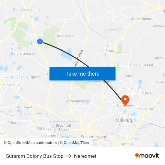 Suraram Colony Bus Stop to Neredmet map