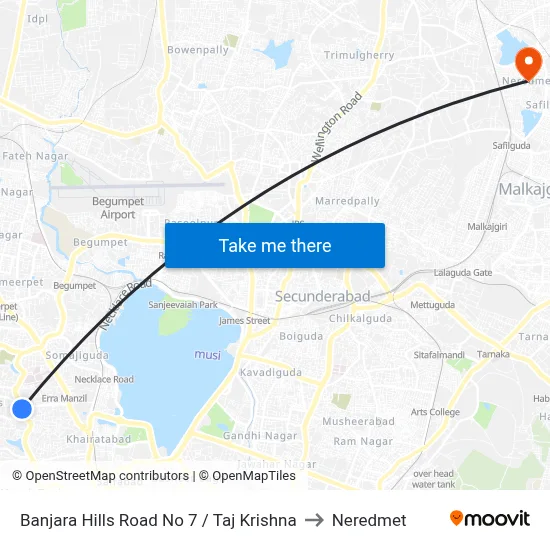 Banjara Hills Road No 7 / Taj Krishna to Neredmet map