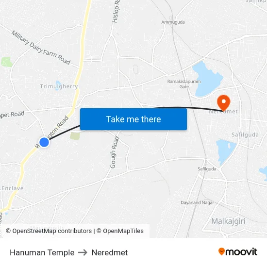 Hanuman Temple to Neredmet map
