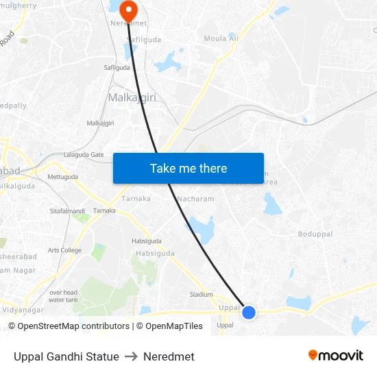 Uppal Gandhi Statue to Neredmet map