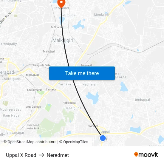 Uppal X Road to Neredmet map