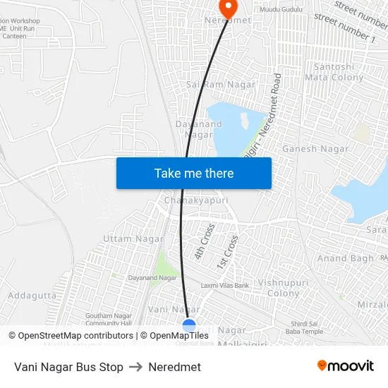 Vani Nagar Bus Stop to Neredmet map