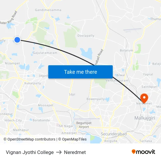 Vignan Jyothi College to Neredmet map
