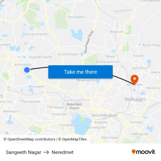 Sangeeth Nagar to Neredmet map