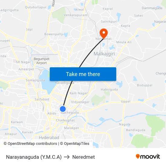 Narayanaguda (Y.M.C.A) to Neredmet map