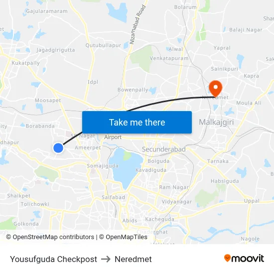 Yousufguda Checkpost to Neredmet map