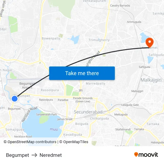 Begumpet to Neredmet map
