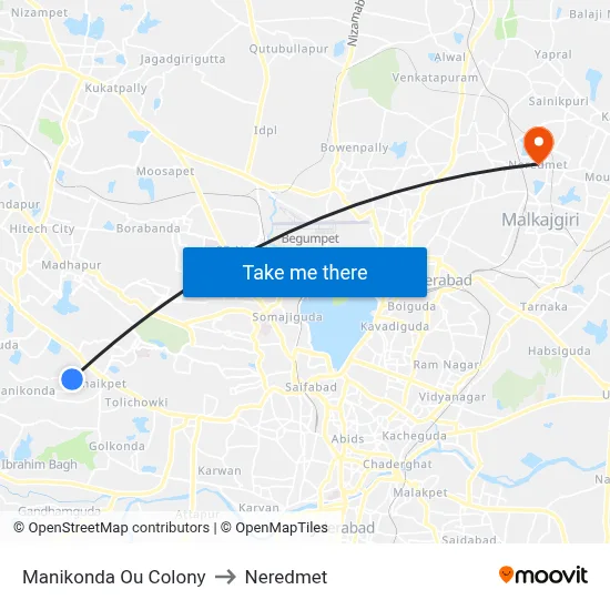 Manikonda Ou Colony to Neredmet map