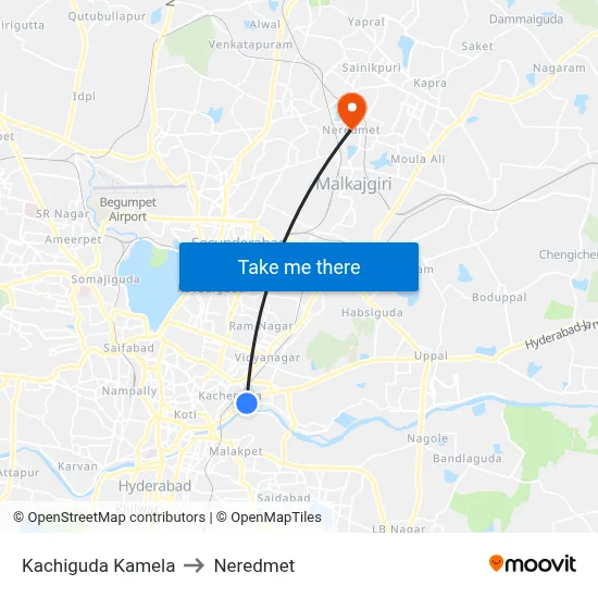 Kachiguda Kamela to Neredmet map