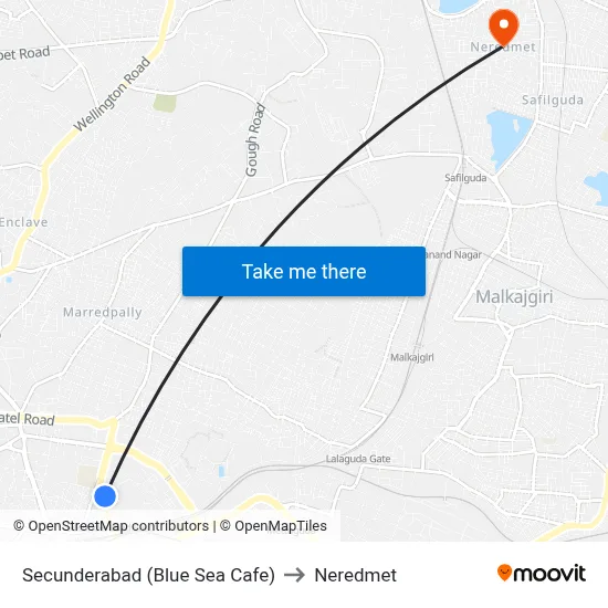 Secunderabad (Blue Sea Cafe) to Neredmet map
