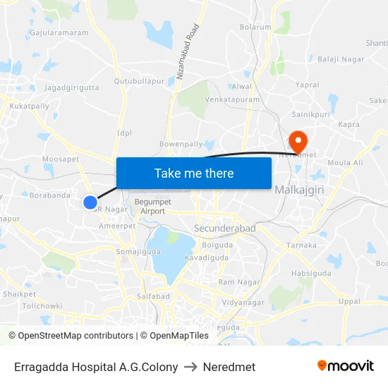 Erragadda Hospital A.G.Colony to Neredmet map