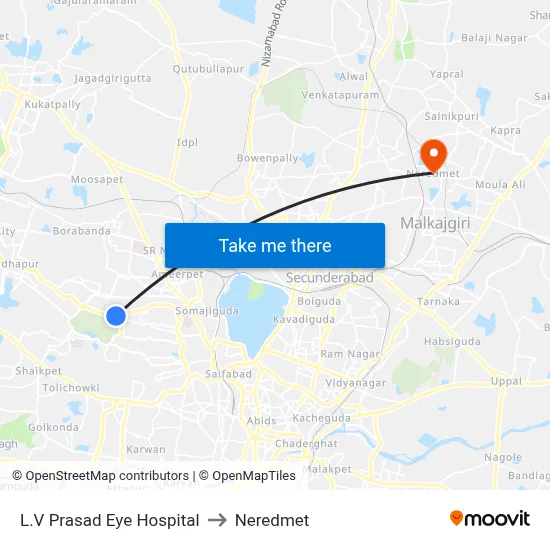 L.V Prasad Eye Hospital to Neredmet map