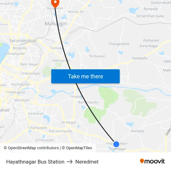 Hayathnagar Bus Station to Neredmet map