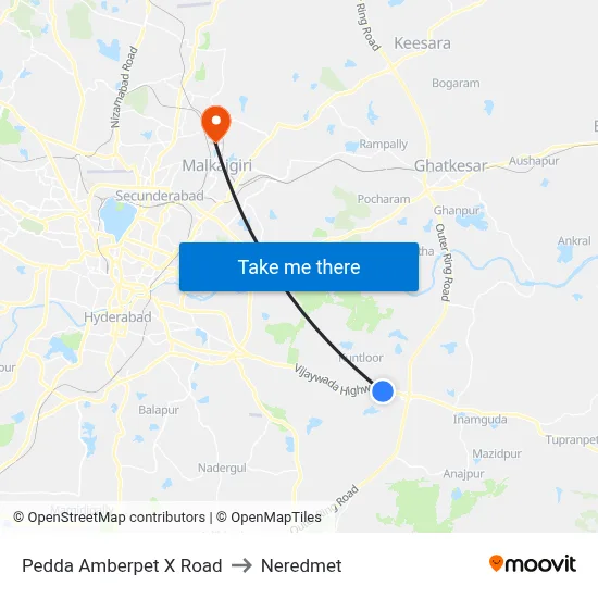 Pedda Amberpet X Road to Neredmet map