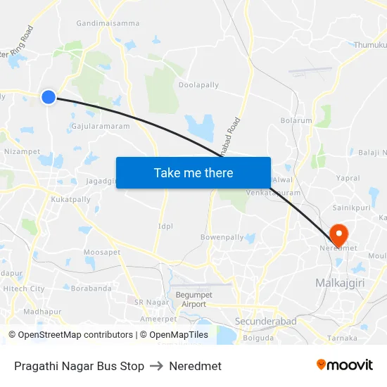 Pragathi Nagar Bus Stop to Neredmet map