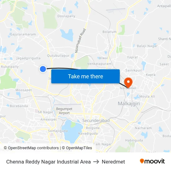 Chenna Reddy Nagar Industrial Area to Neredmet map