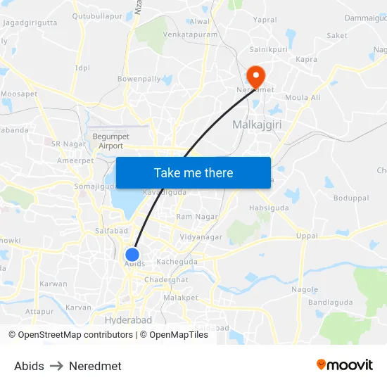 Abids to Neredmet map