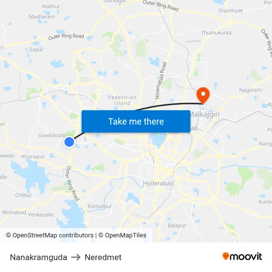 Nanakramguda to Neredmet map