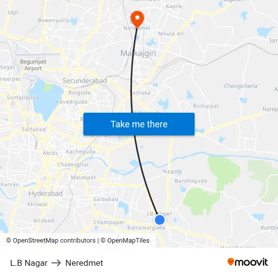 L.B Nagar to Neredmet map