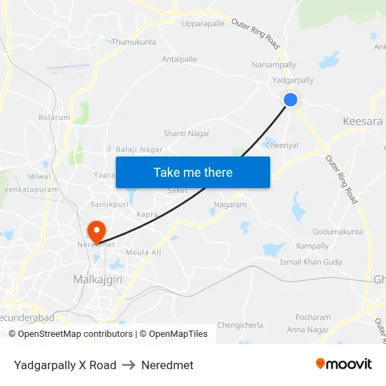 Yadgarpally X Road to Neredmet map
