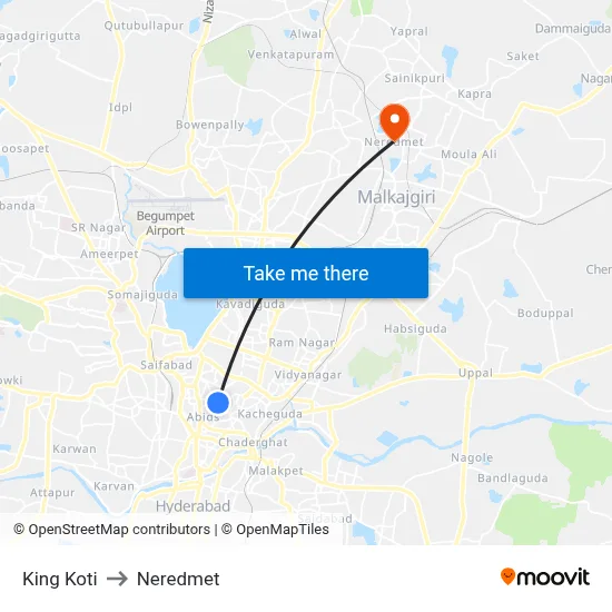 King Koti to Neredmet map