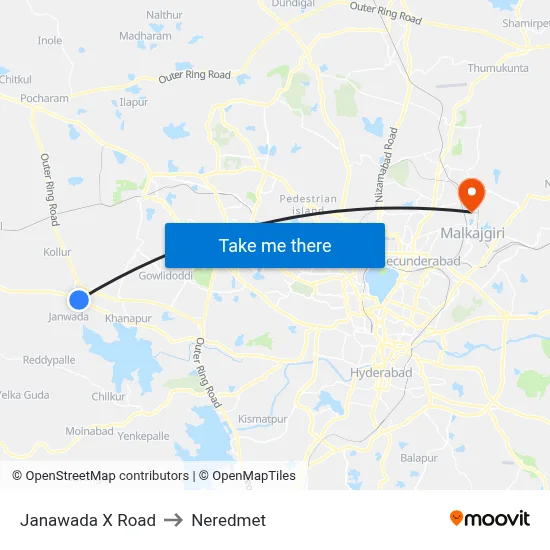Janawada X Road to Neredmet map