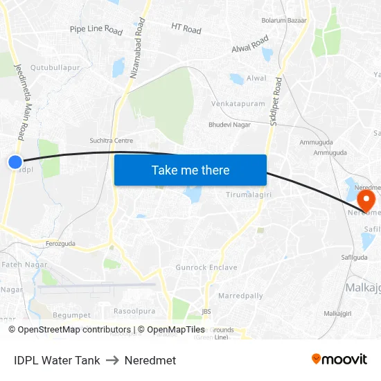 IDPL Water Tank to Neredmet map