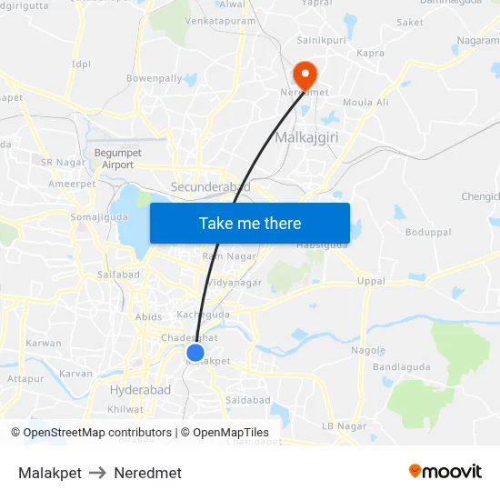 Malakpet to Neredmet map