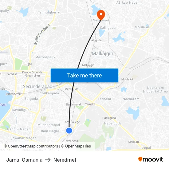 Jamai Osmania to Neredmet map