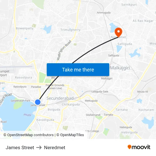 James Street to Neredmet map