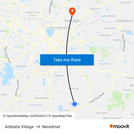 Adibatla Village to Neredmet map