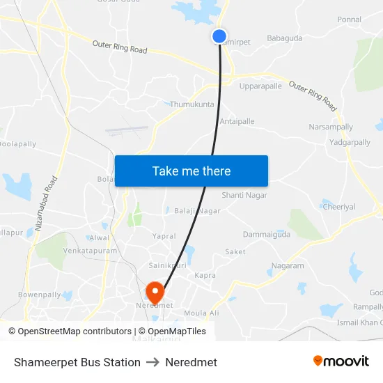 Shameerpet Bus Station to Neredmet map