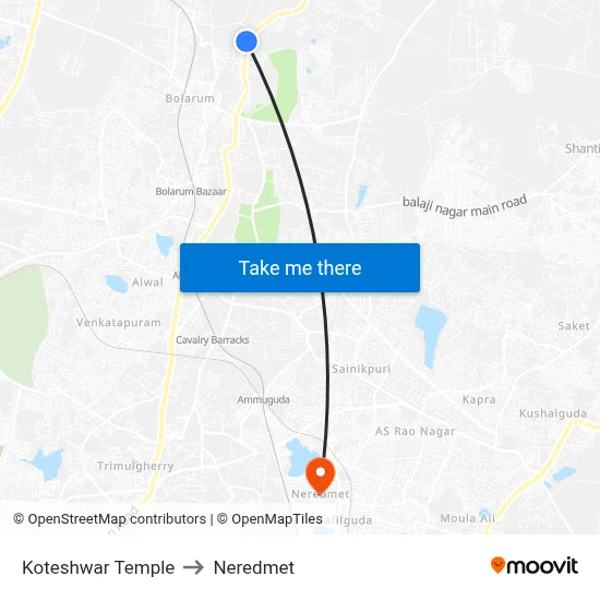 Koteshwar Temple to Neredmet map