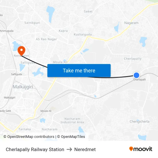 Cherlapally Railway Station to Neredmet map