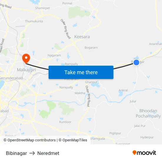 Bibinagar to Neredmet map