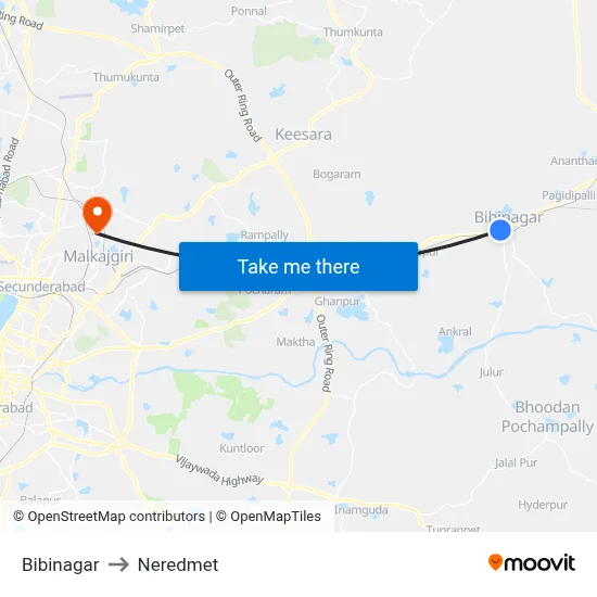 Bibinagar to Neredmet map