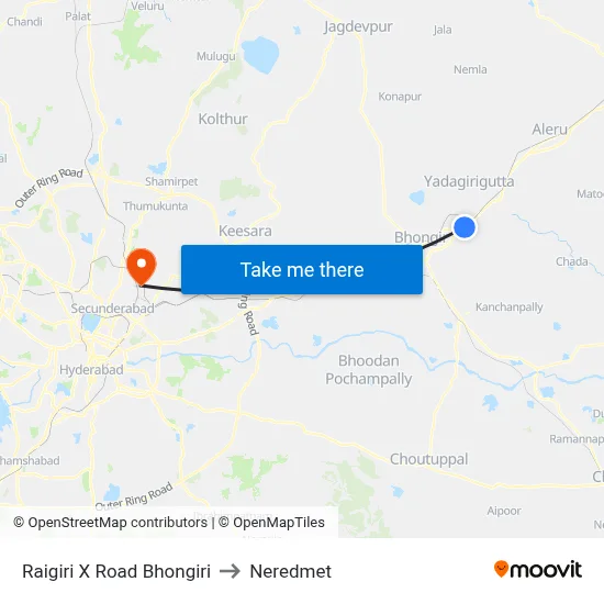 Raigiri X Road Bhongiri to Neredmet map