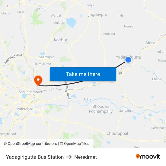 Yadagirigutta Bus Station to Neredmet map