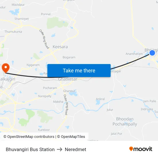 Bhuvangiri Bus Station to Neredmet map